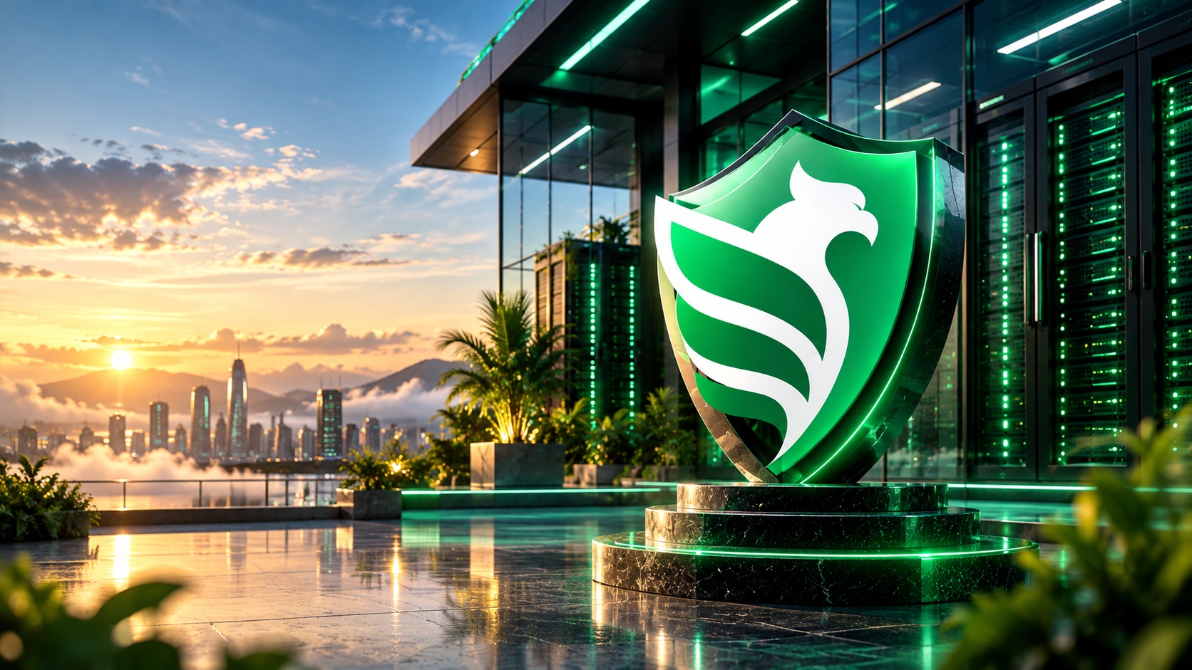 Green-lit server room artwork